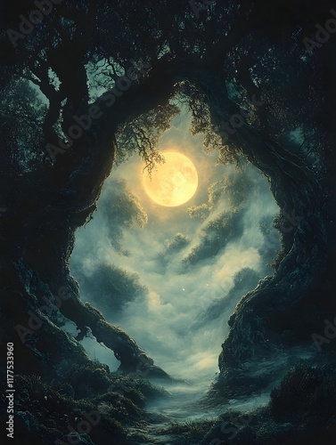 Enchanting Moonlit Woodland Scene with Twisted Knotted Trees and Mist Shrouded Undergrowth