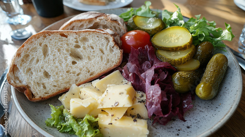 Ploughman's lunch with cheese, pickles, and crusty bread  photo