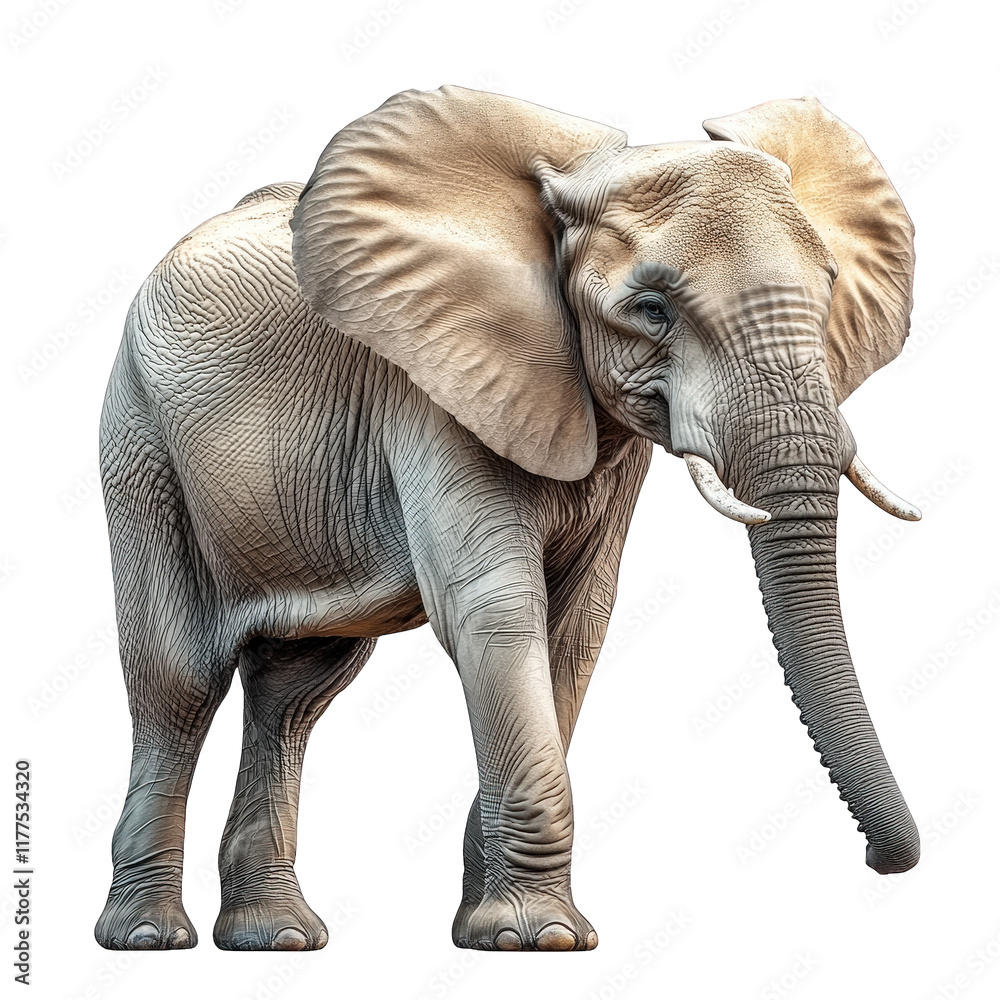Fototapeta premium a realistic 3d rendering of an elephant standing on a white background. showcasing its detailed texture and features. emphasizing the beauty and majesty of this magnificent animal