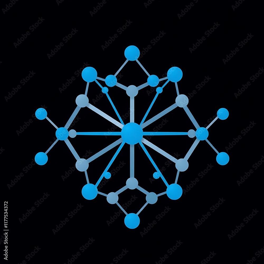 Blue Network Connection: Abstract graphic design of a network connection, featuring a snowflake-like pattern of interconnected nodes in shades of blue. Ideal for technology, communication. Blue Network Connection: Abstract graphic design of a network connection, featuring a snowflake-like pattern of interconnected nodes in shades of blue. Ideal for technology, communication.