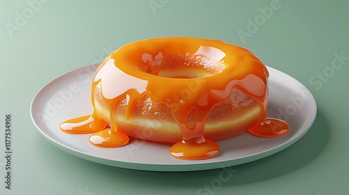 A donut with caramel dripping like lava on plate on green background photo