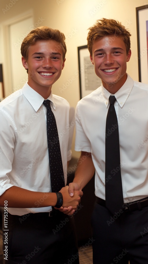 Fototapeta premium Two teens shaking hands, formal wear, hallway