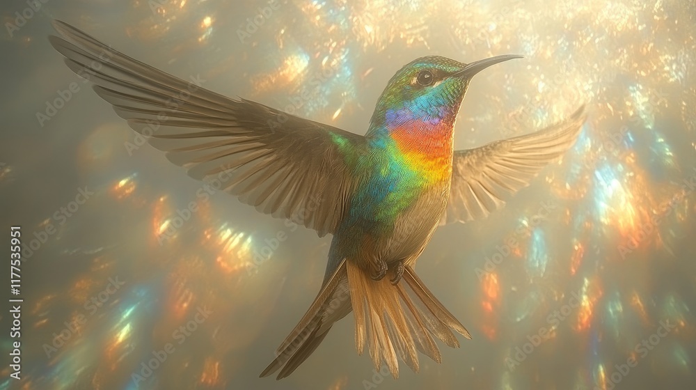Obraz premium A Rainbow Hummingbird Soaring Through Golden Light
