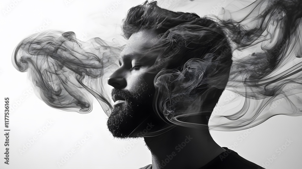 Fototapeta premium Breath of smoke man in contemplation studio photography monochrome intimate environment close-up aesthetic
