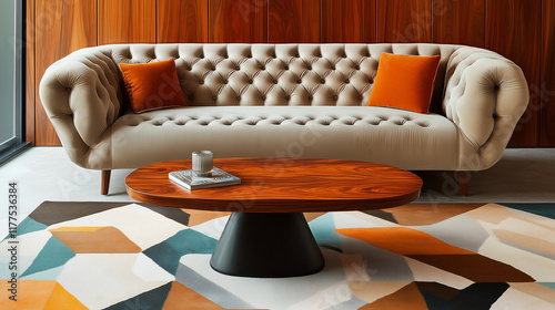 Mid-century modern sofa with retro-style fabric and unique tufting, complemented by a warm wood coffee table and a geometric rug  photo