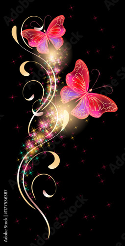 Flying butterflies with sparkle and blazing trail and glowing sparkle stars  in cosmic space.