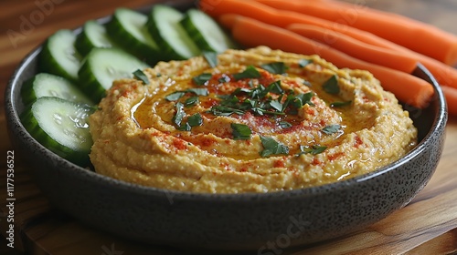 Photo, Hummus, Cucumber, Carrots, Parsley, Olive Oil, Paprika, Bowl, Appetizer, Snack photo