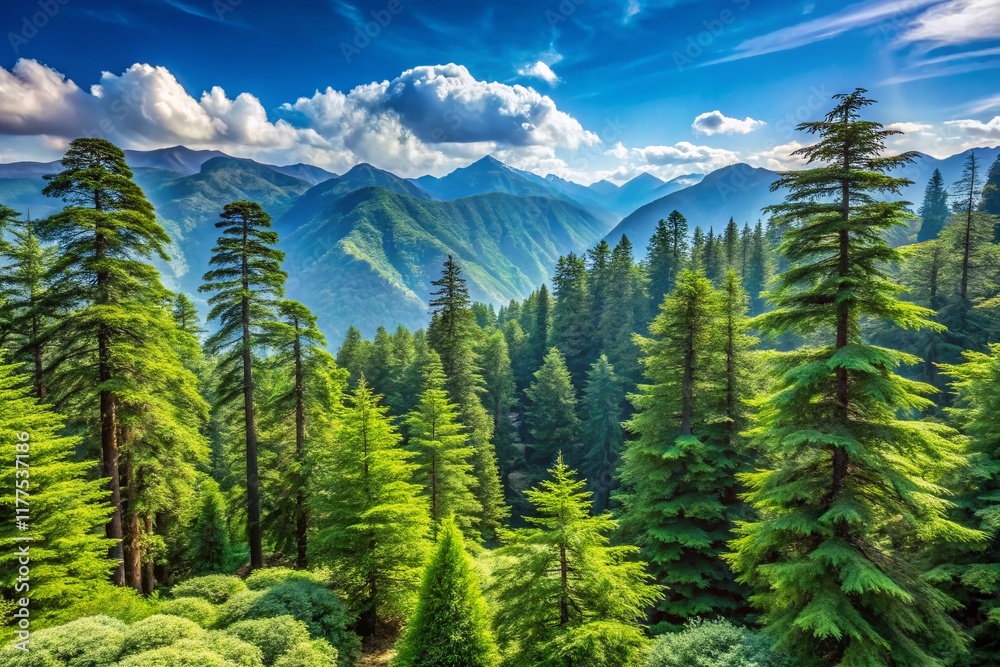 Fototapeta premium Majestic Himalayan Cedar Forest Panoramic, Clear Blue Sky, Breathtaking Mountain Scenery