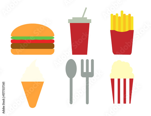 ファストフード（ハンバーガー、ポテト、ポップコーン、ソフトクリーム）のアイコンのイラストのセット
