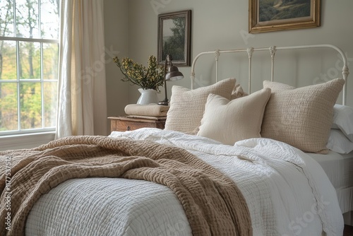rustic country bedroom design featuring vintage white iron bed with layered natural linen and cotton pillows in cream and ecru tones