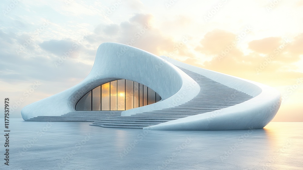 Obraz premium Modern, white, architectural building with smooth curves and a large window, overlooking a tranquil waterfront, bathed in soft, golden sunlight.