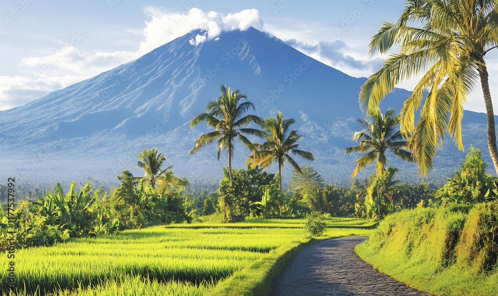 Obraz premium Scenic rural road winding through lush green rice paddies with majestic volcano and palm trees in the background, beautiful tropical landscape.