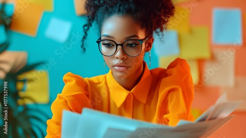 Young woman studying with documents in colorful workspace at a creative studio photo