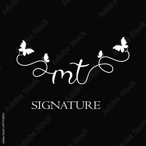 MT Handwritten initial letter, MT simple signature vector logo with butterfly shape variation, beauty, photography letter logo design. M T