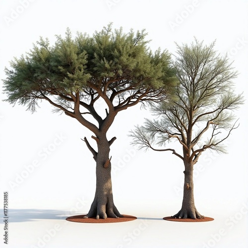 Realistic Pair of African Acacia Trees with Textured Canopy and Isolated on White