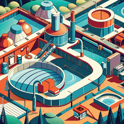 Treatment Facilities Vector Illustration. Waste Water Cleaning Facility with Round Reservoir Pool. Sewage Treatment Cleaning Construction. Sedimentation Primary Process.
