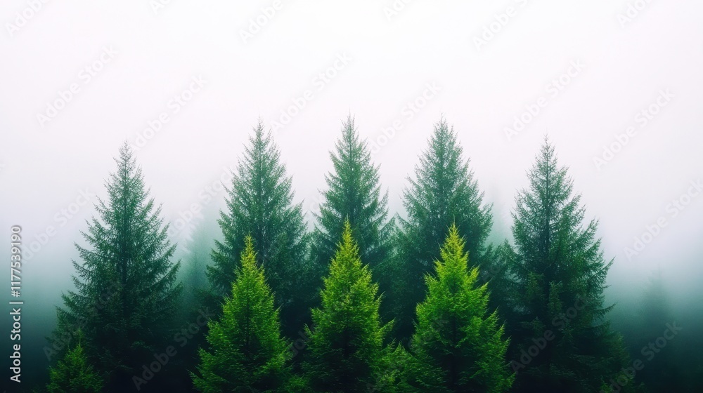 Obraz premium A serene landscape featuring dense, misty evergreens creates an ethereal atmosphere, Ideal for nature themes, environmental projects, or as a calming backdrop in various media,