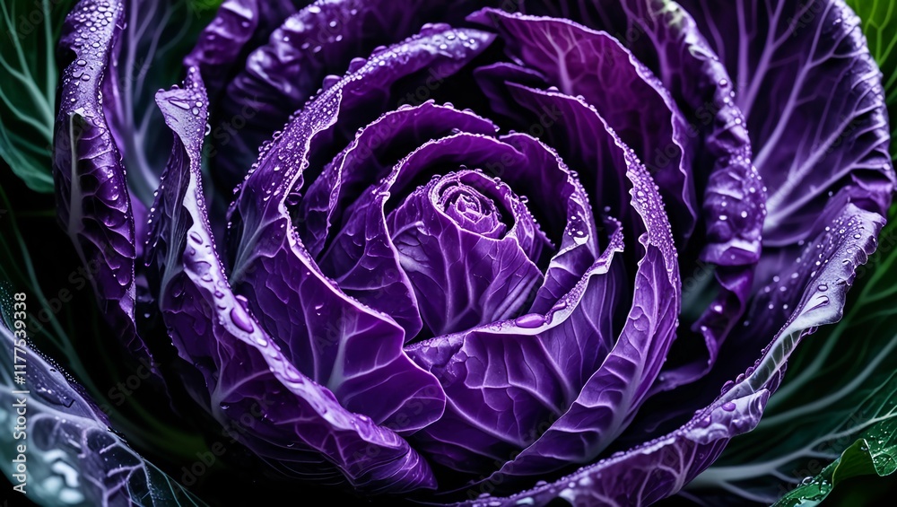 Obraz premium Close-Up of Fresh Purple Cabbage with Water Droplets