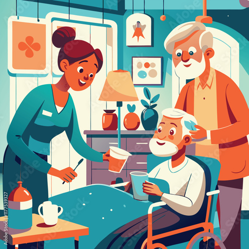 Daily Care for Elderly Patients Clinic, Cartoon. Hospital Workers are in Ward Patients. Girl Sits on Bed Elderly Man and Feeds him with Spoon. Guy Take Patient in Wheelchair to his Place.