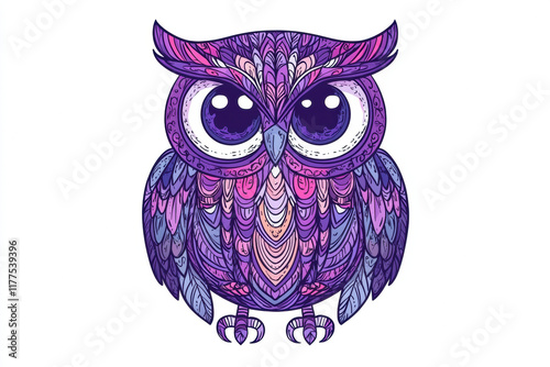 vibrant hand drawn owl illustration with intricate purple and pink patterns photo