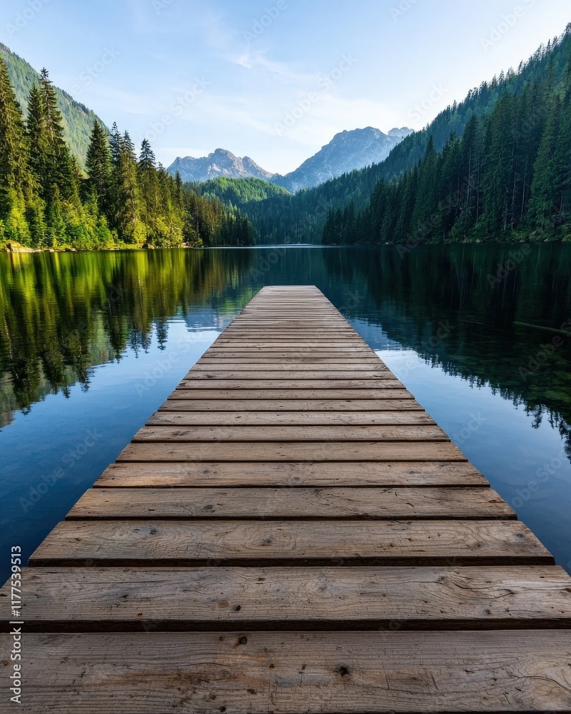 A tranquil mountain lake surrounded by evergreen trees, with a wooden pier stretching into the water A tranquil mountain lake surrounded by evergreen trees, with a wooden pier stretching into the water