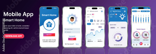 A sleek smart home application interface template featuring modern icons and a gradient design. Includes navigation menus for managing devices, monitoring security, controlling temperature