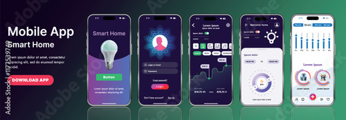 A sleek smart home application interface template featuring modern icons and a gradient design. Includes navigation menus for managing devices, monitoring security, controlling temperature