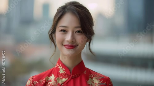 Young woman in traditional red Chinese qipao dress smiling against urban backdrop