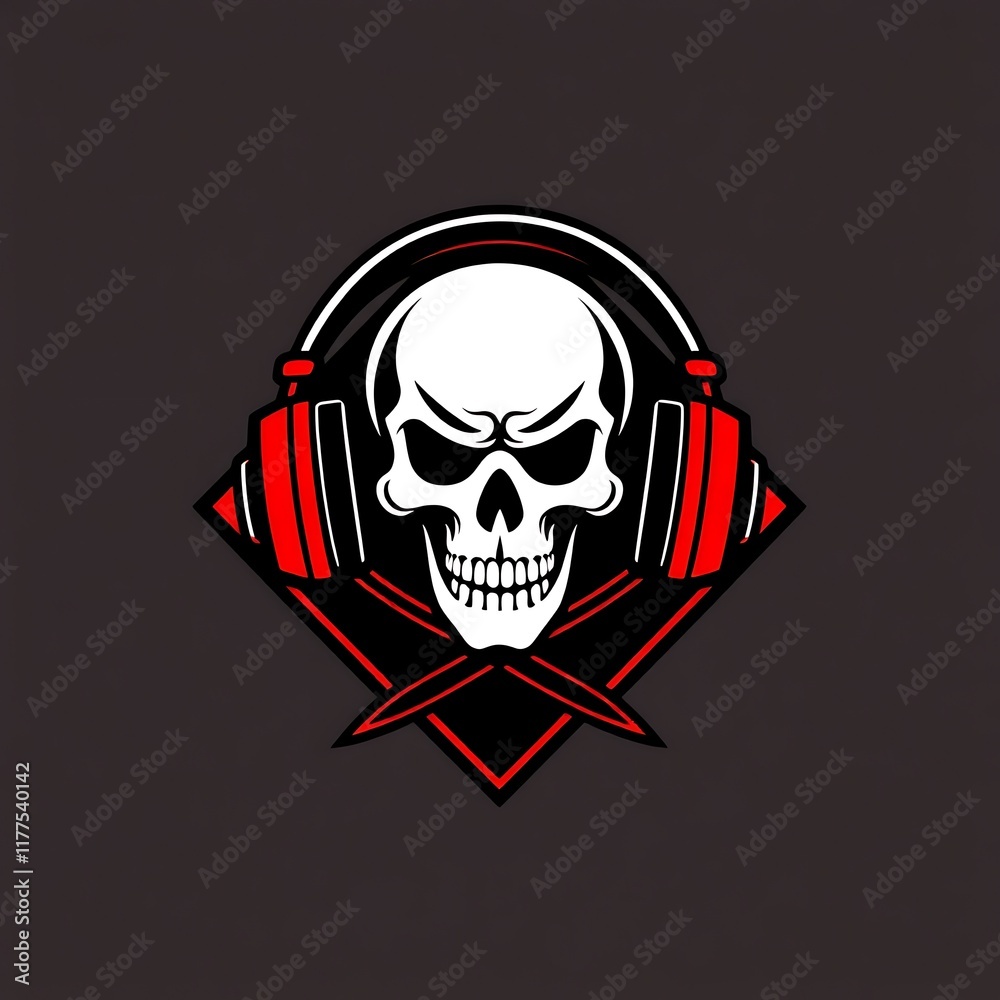 Skull with Headphones and Crossed Daggers Logo Design