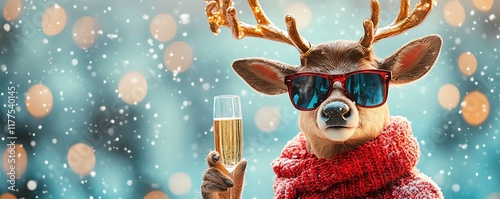 Whimsical reindeer with stylish sunglasses and a glass of champagne, decorated antlers, and a jolly expression, capturing festive holiday cheer and cool vibes photo