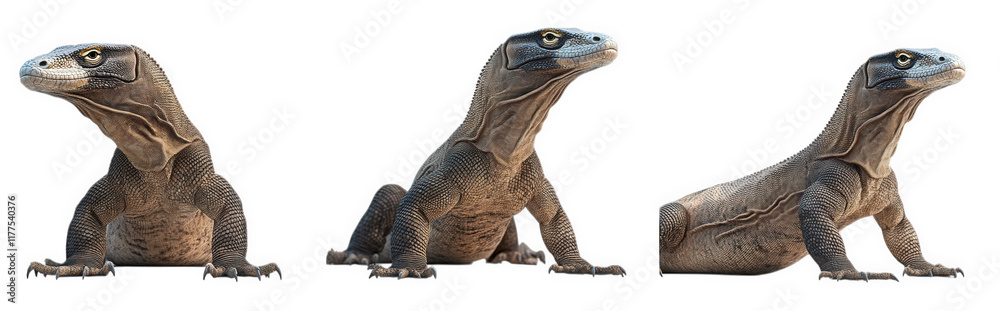 Obraz premium three realistic 3d renderings of a lizard-like creature. showcasing its side profile from different angles the creature has a distinct head shape and textured skin. emphasizing its reptilian features