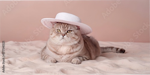 Cat lounges on sandy surface, adorned with a stylish white hat, radiating charm and summer vibes in a playful indoor setting photo