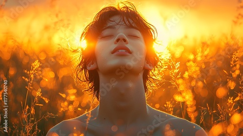 Photo. Golden Hour Bliss - Youthful Figure in Sunset Field