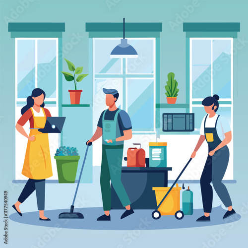 Routine Customized Cleaning Services in Bank Office. Professional Team Working. Woman Pushing Cleaning and Sanitizing Cart. Man Washing Entrance Door. His Colleague Mopping Floor. Bags with Garbage.