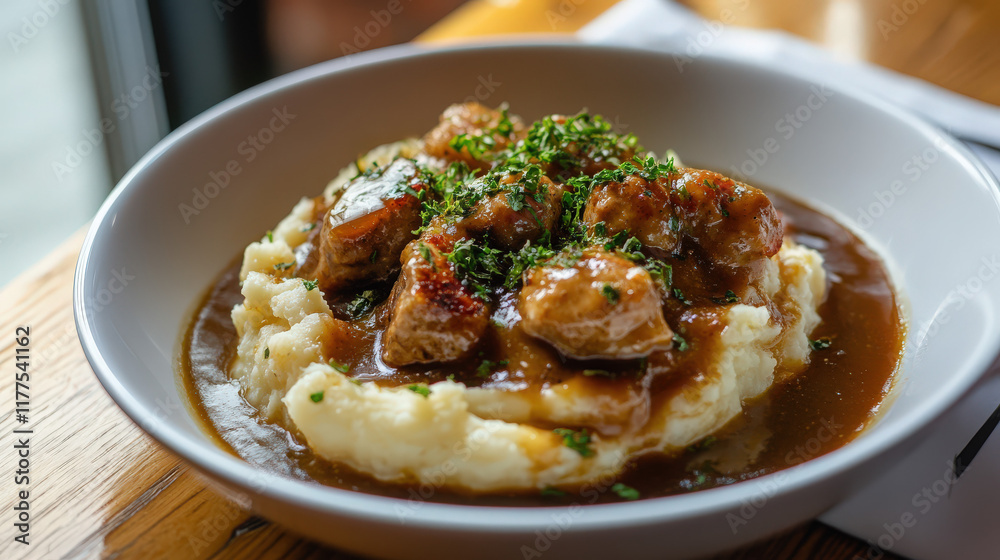 Bangers and mash with mashed potatoes and gravy Bangers and mash with mashed potatoes and gravy