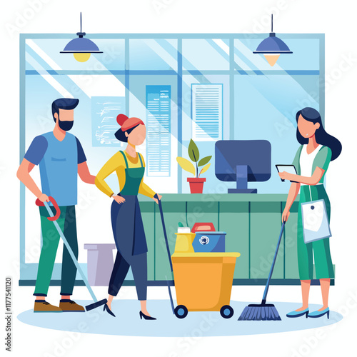 Routine Customized Cleaning Services in Bank Office. Professional Team Working. Woman Pushing Cleaning and Sanitizing Cart. Man Washing Entrance Door. His Colleague Mopping Floor. Bags with Garbage.