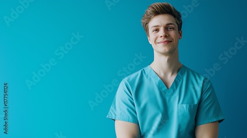 Smiling young male nurse in teal scrubs, blue background.