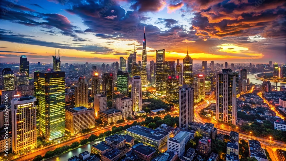 Fototapeta premium Majestic Night Cityscape: Illuminated Skyline at Dusk