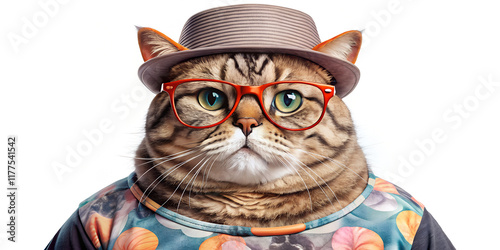 Charming feline dons stylish attire, accessorized with trendy glasses and a hat, radiating personality and character in a whimsical setting photo