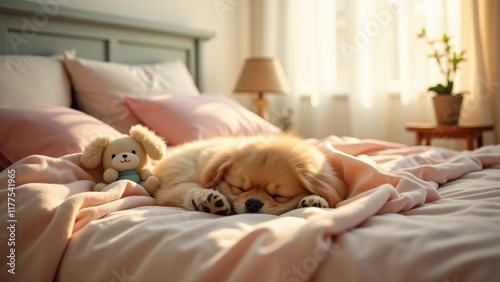 A peaceful pet sleeping on a cozy bed with soft blankets and sunlight streaming through sheer curtains. A plush toy nearby completes this warm, tranquil, and heartwarming bedroom scene. photo