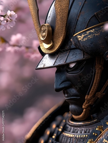 A close-up of a samurai helmet against a backdrop of vibrant pink cherry blossoms, blending strength and beauty, Ideal for historical or cultural themes in articles, websites, and marketing materials photo