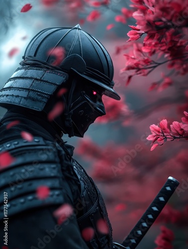 A mysterious warrior in dark armor stands amidst vibrant red leaves, evoking a sense of intrigue and strength, Ideal for themes like adventure, fantasy photo