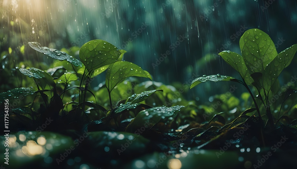 Fototapeta premium Rain on the leaves in a tropical forest
