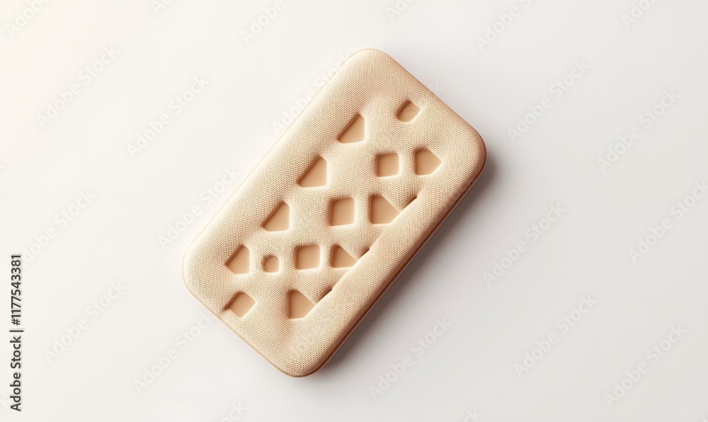 Single beige biscuit with embossed pattern on white background. Single beige biscuit with embossed pattern on white background.