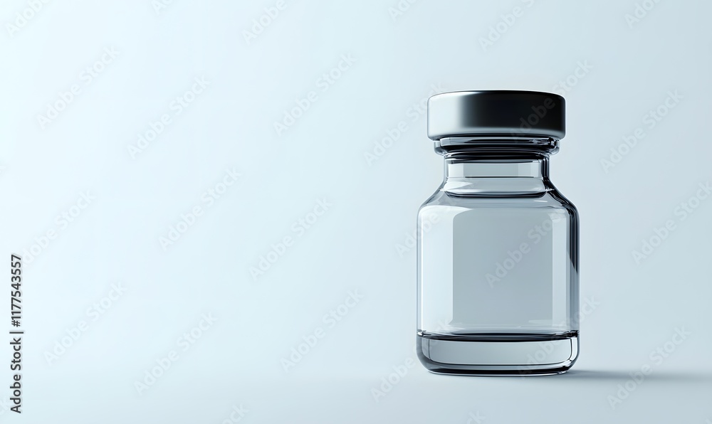 Single clear glass vial with silver cap on white background. Single clear glass vial with silver cap on white background.