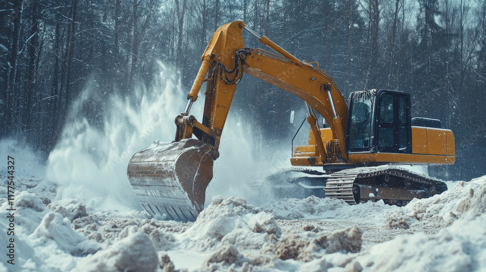 Heavy machinery is actively removing snow from a forested area on a bright winter morning. The excavator efficiently moves large amounts of snow, creating pathways Heavy machinery is actively removing snow from a forested area on a bright winter morning. The excavator efficiently moves large amounts of snow, creating pathways