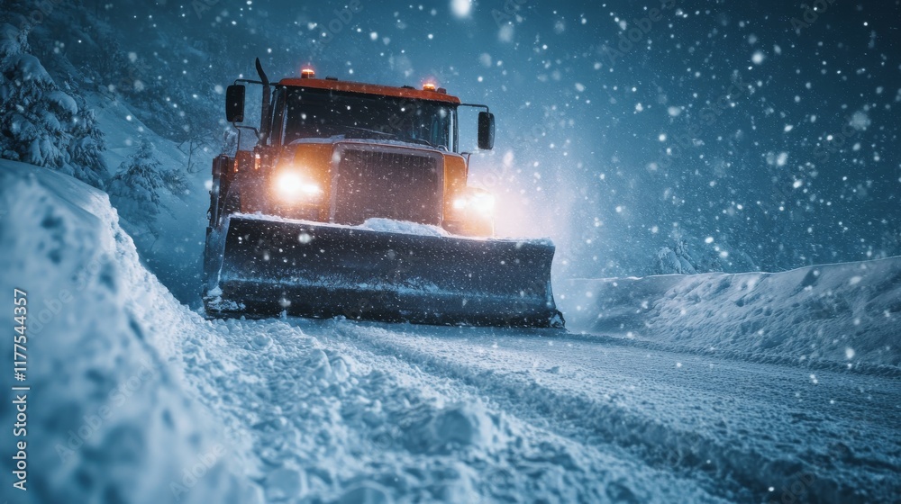 A snow plow operates under falling snow to clear a rural road at night. The headlights pierce through the heavy snowfall, creating a winter wonderland A snow plow operates under falling snow to clear a rural road at night. The headlights pierce through the heavy snowfall, creating a winter wonderland
