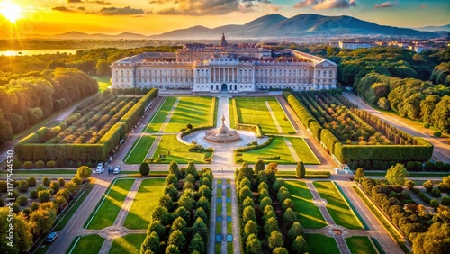 Majestic Royal Palace Caserta Aerial View: Italian Baroque Architecture & Gardens