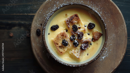 Bread and butter pudding with raisins and custard  photo