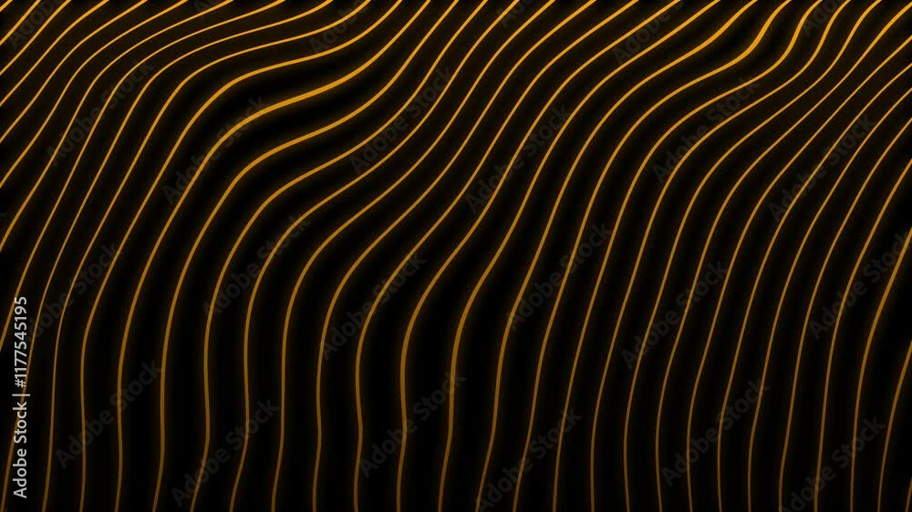 Gold color abstract wavy lines moving on black background. Animated neon glowing lines and seamless looping slow motion background.